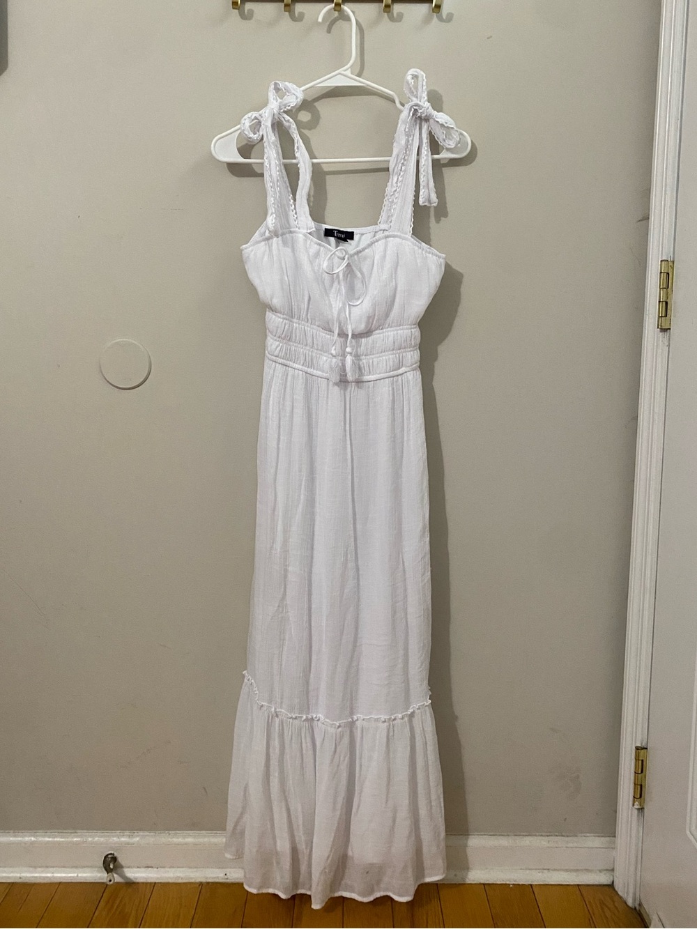 Trixxi White Tie-Shoulder Smocked Maxi Dress